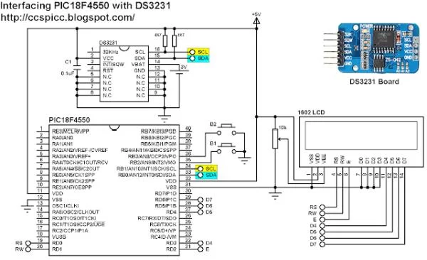 Real time clock & calendar with PIC18F4550 and DS3231 schematics