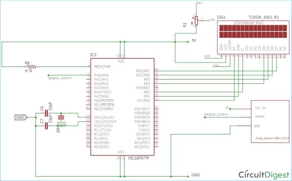 Circuit Diagram for Heart Beat Monitoring using PIC-Microcontroller