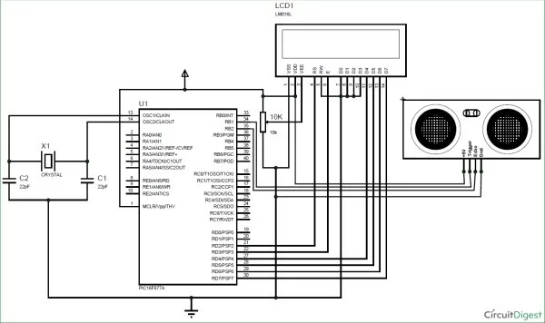 ultrasonic-sensor-interfacing Circuit Diagram-using-pic-microcontroller