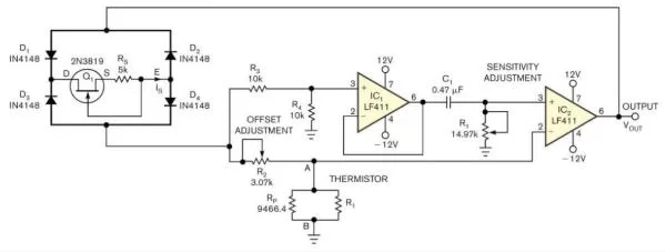 Temperature-to-period circuit provides linearization of thermistor response