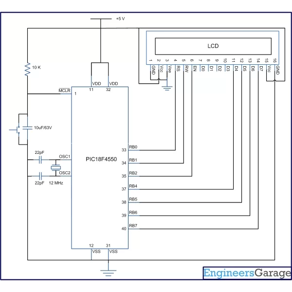 Circuit Diagram of How to interface 16×2 LCD in 4 bit mode with PIC Microcontroller PIC18F4550