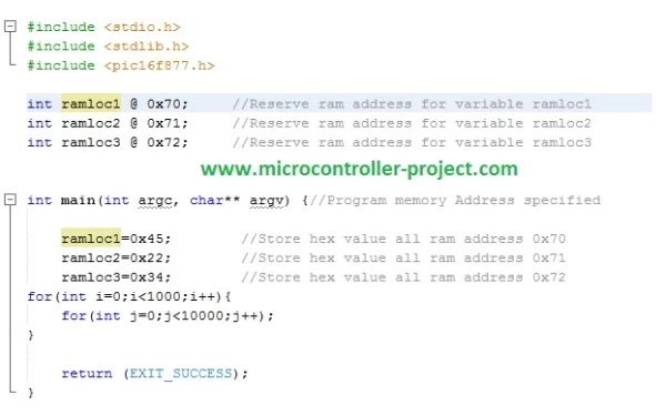 Microchip xc8 compiler place data in ram specific location address of pic microcontroller