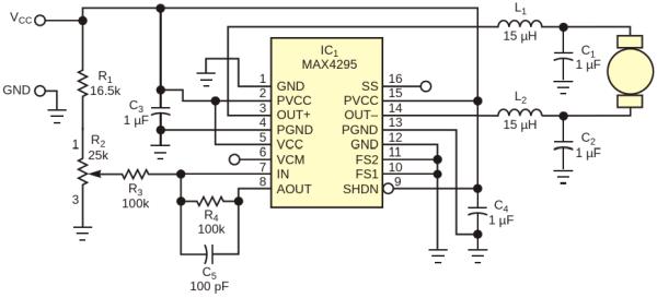 MAXIMS MAX4295 CIRCUIT PROVIDES CLASS D MOTOR CONTROL