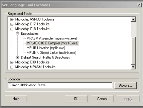 Setting the Language Tool Locations in MPLAB
