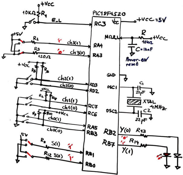 Hardware schematic using switches and LED. Hardware schematic using switches and LED.