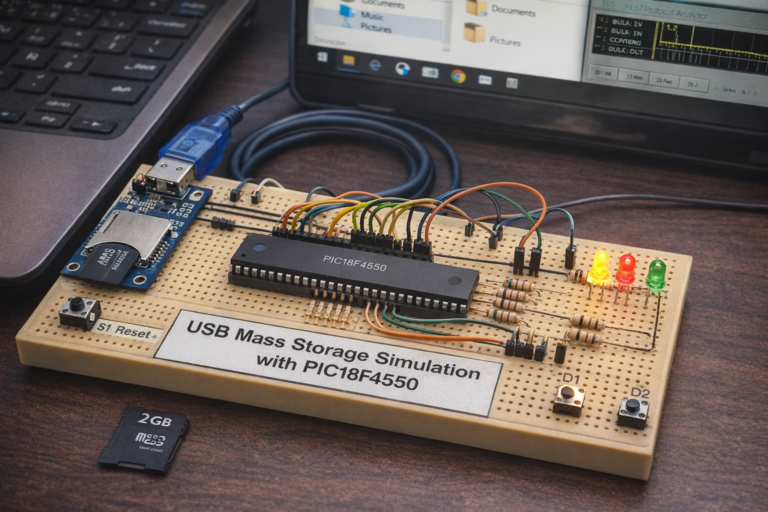 PICDEM FS USB Mass Storage Device using PIC18F4550 with Proteus Simulation
