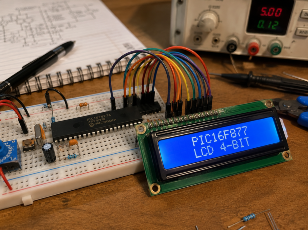 PIC16F877 breadboard LCD 4-bit mode prototype setup