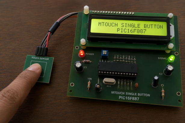Finger touching PIC16F887 capacitive touch sensor demonstration board