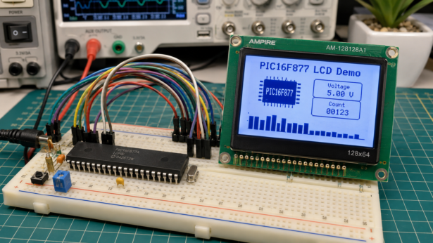 PIC16F877 LCD demo on breadboard prototype